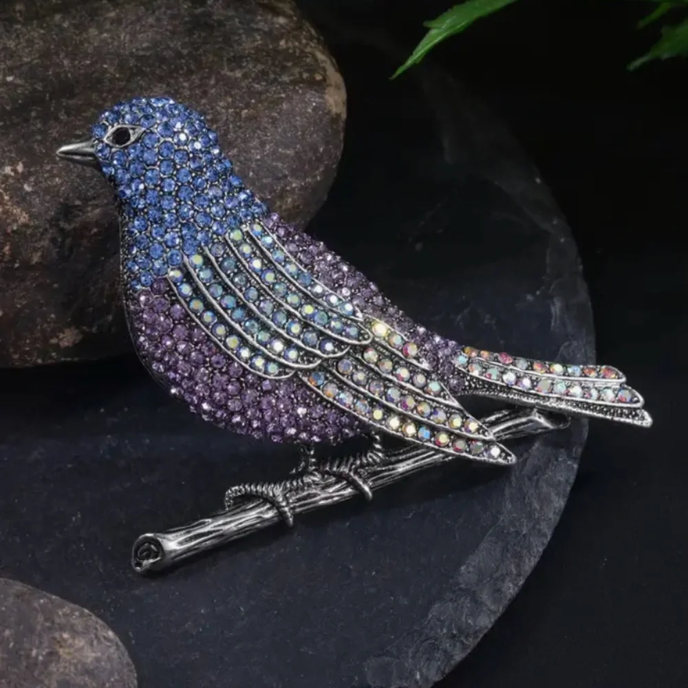 Beautiful Blue & Purple Rhinestone Bird on a Branch Brooch
